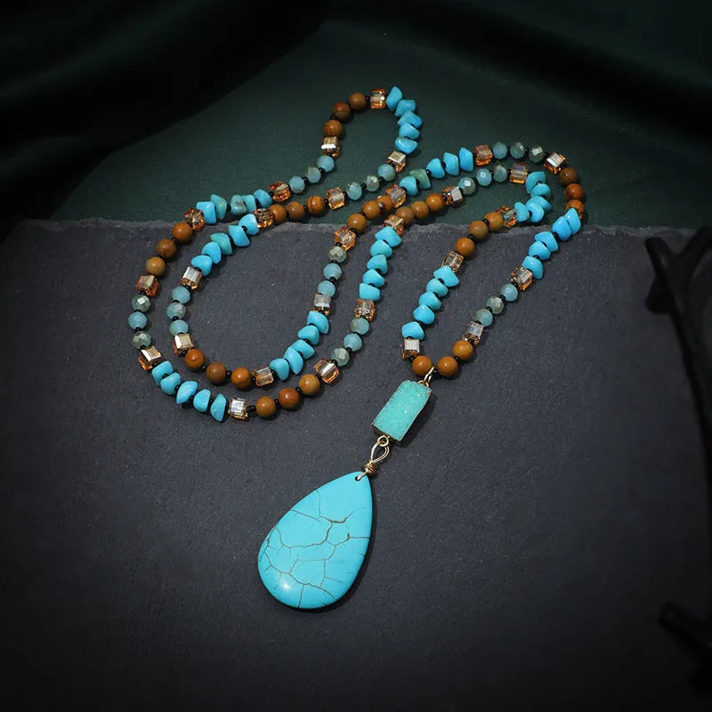 Blue turquoise necklace with large water drop pendant and imitation mineral gemstone detail