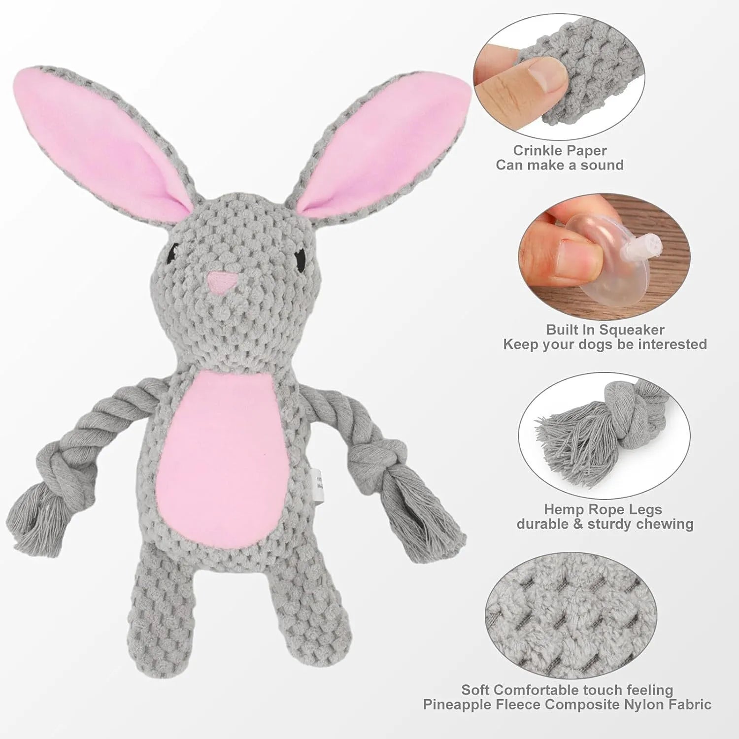 Plush dog toy with a cotton rope tail, shown in Elephant, Fox, Monkey, Pig, and Rabbit designs.