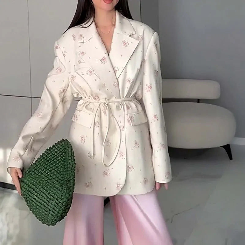Women's collar lace-up waist-tight suit jacket in polyester floral print colours