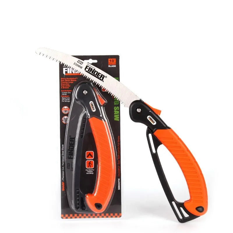 A folded garden hand saw with a TPR grip and a 9-inch 65MN steel blade.