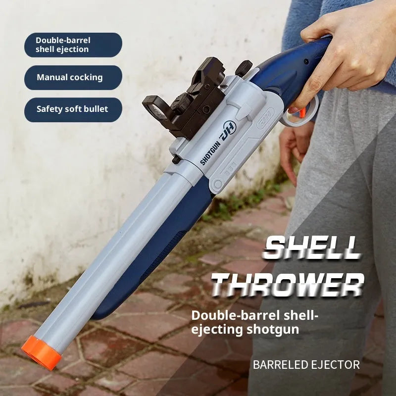 Double-barreled S686 shell-ejecting soft bullet toy gun in plastic foldable design for youth