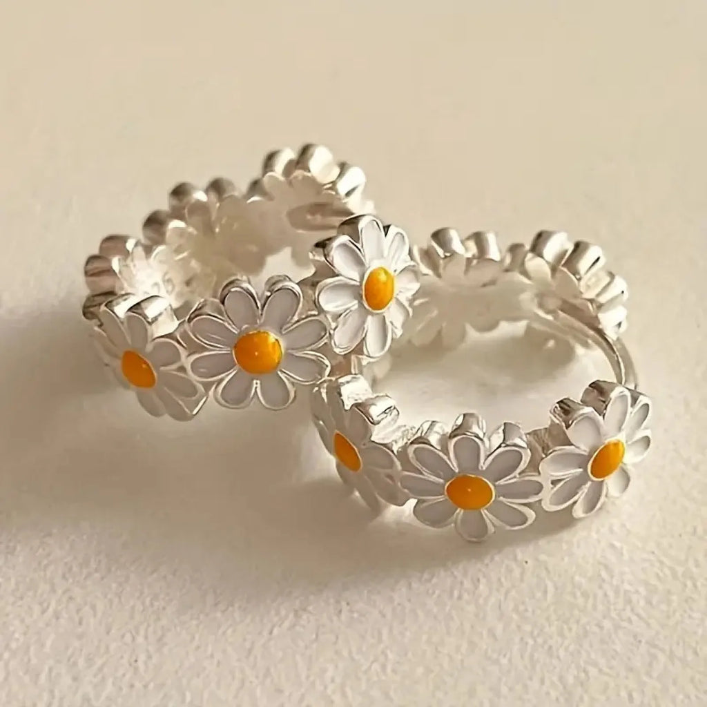 White daisy flower ring earrings with electroplated copper construction and inlaid gem details