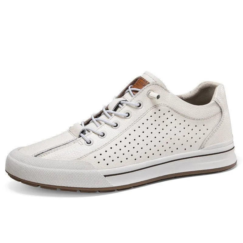 Men's white matte leather casual shoes with a 6cm platform and round toe on a plain background.