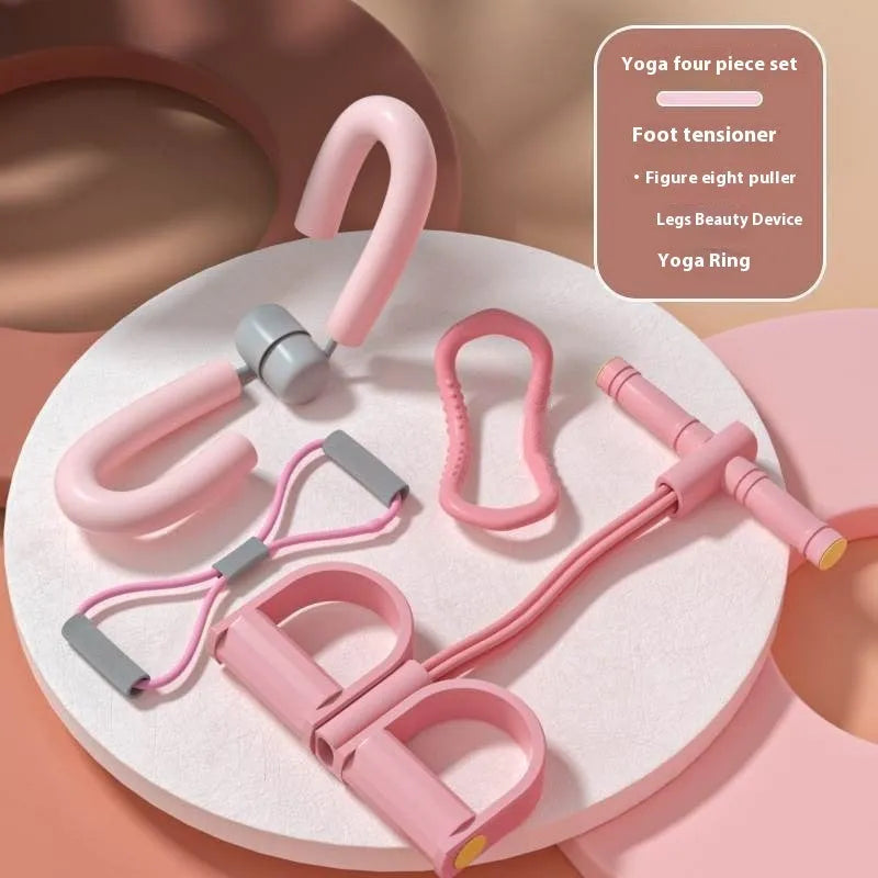 Yoga four piece set showing leg stretcher, yoga ring, pedal chest expander and figure eight tension rope.