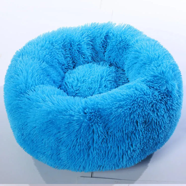 Soft thick plush round pet bed in donut shape with raised rim, available in khaki and other colours, sizes 40cm to 120cm