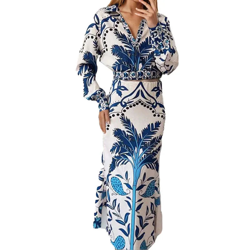 Women's early spring casual fashion set with long sleeve top and matching long skirt in picture colour