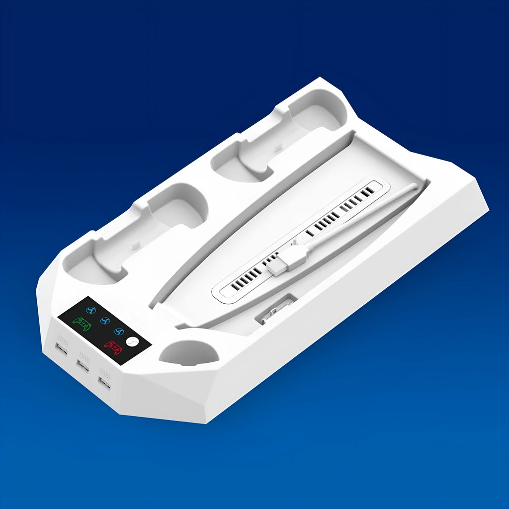 PS5 charging base and radiator stand in black or white with controller charging ports