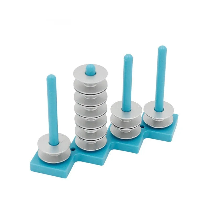 Plastic sewing machine bobbin storage rack with magnetic wire core bracket and four columns in blue, green, orange, red