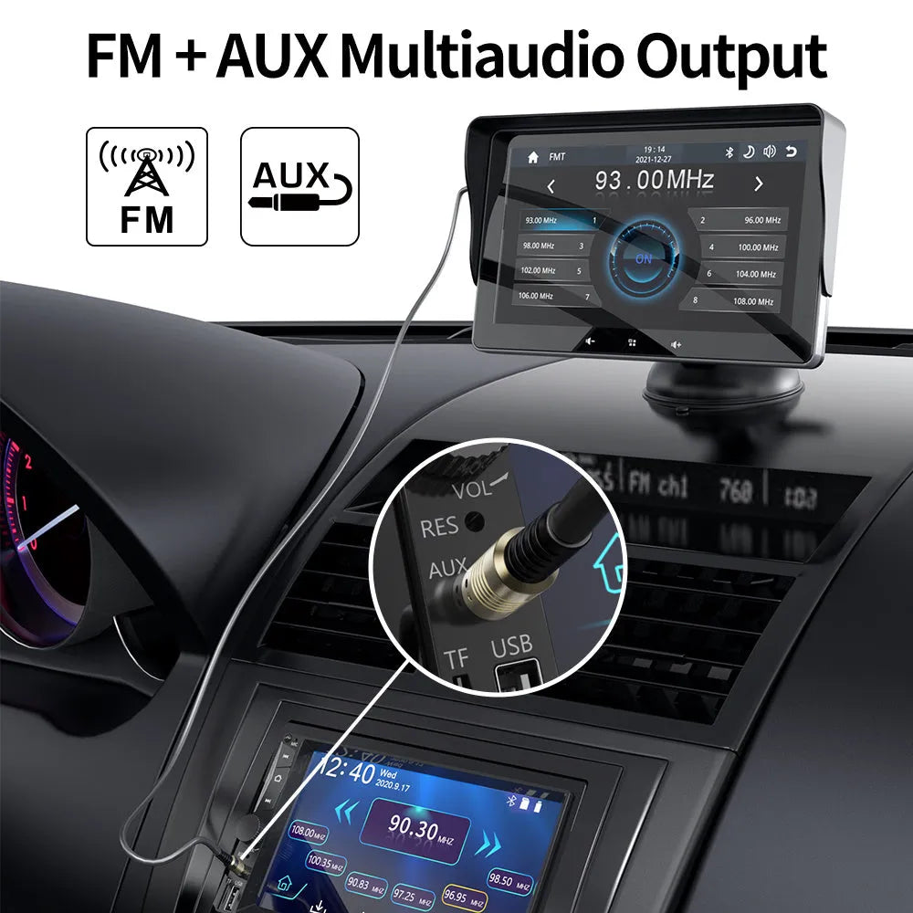 7-inch wireless CarPlay display mounted on a car windscreen with a suction cup, connected to a cigarette lighter plug.
