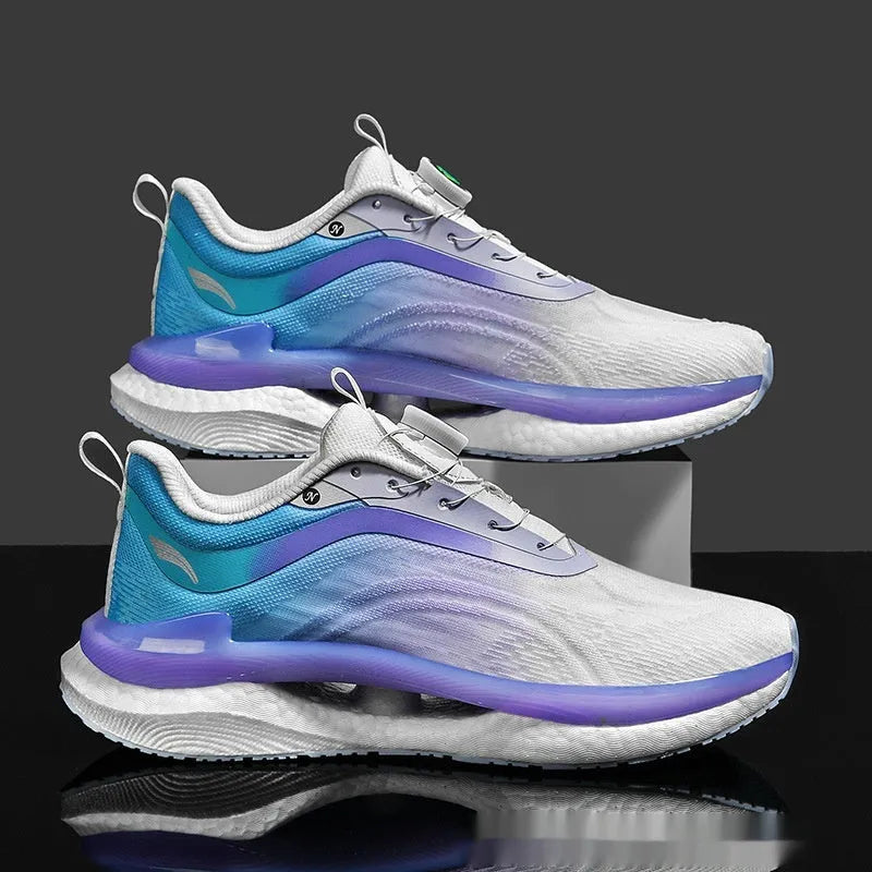 Men's high-top breathable sports sneakers in cotton candy colour with buckle closure and mesh upper.