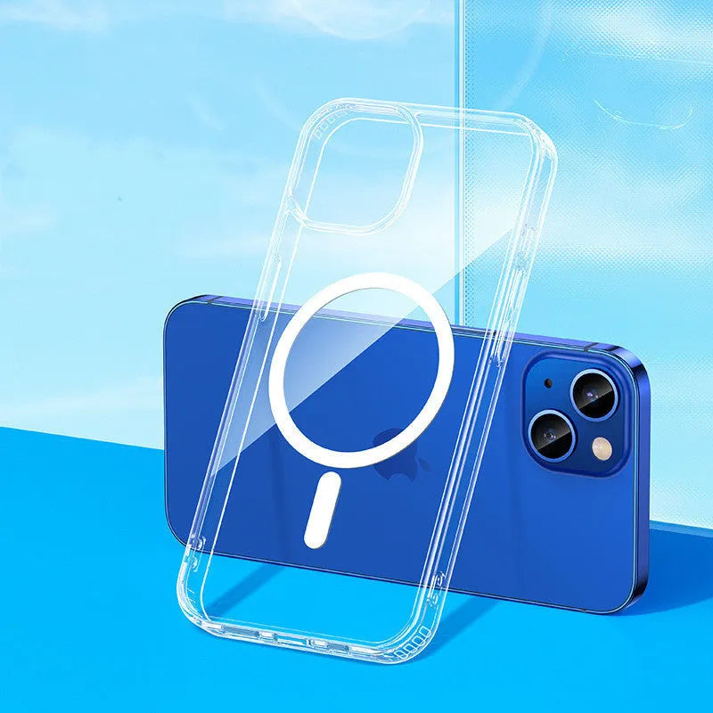 Transparent MagSafe magnetic iPhone 13 case showing airbag protection design on a table.