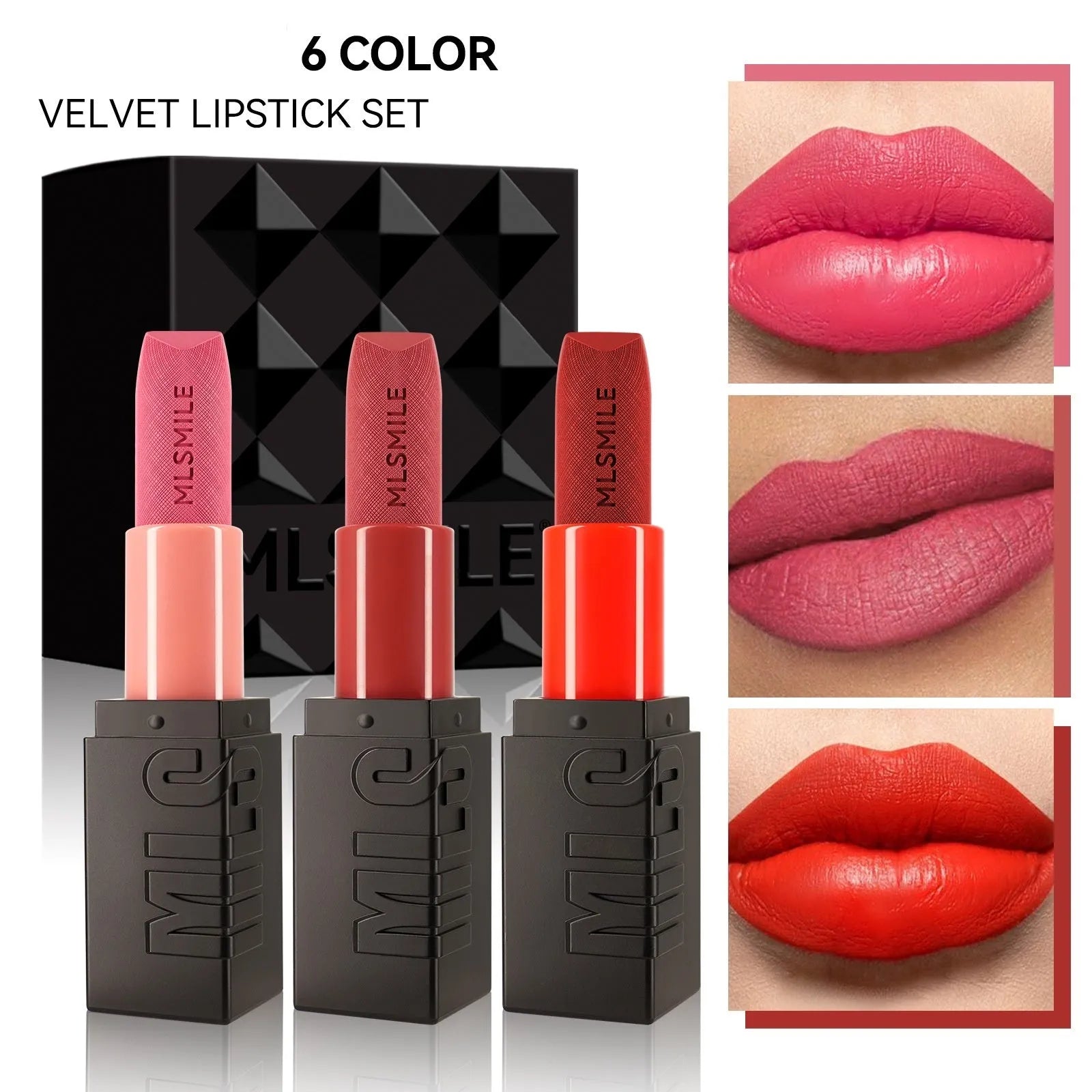MLSMILE embossed lipstick set showing three tubes in a box with choice of A or B Suit colours.