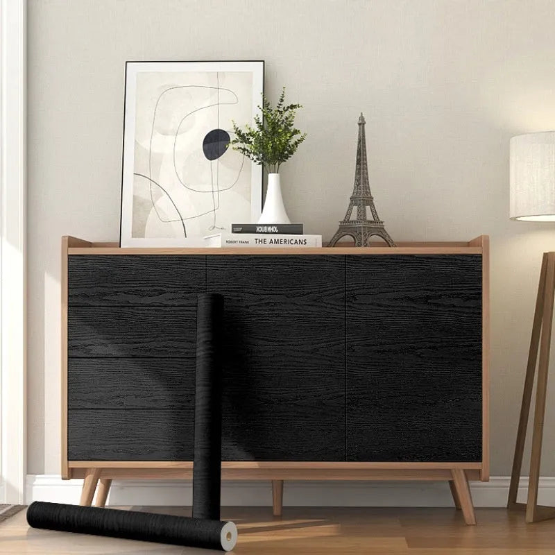Self-adhesive black wood grain PVC wallpaper roll for furniture renovation, 40cm width