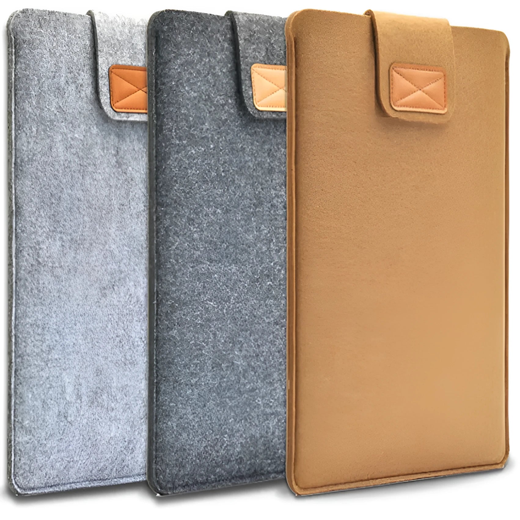 Khaki felt laptop bag showing clamshell design with interior device protection
