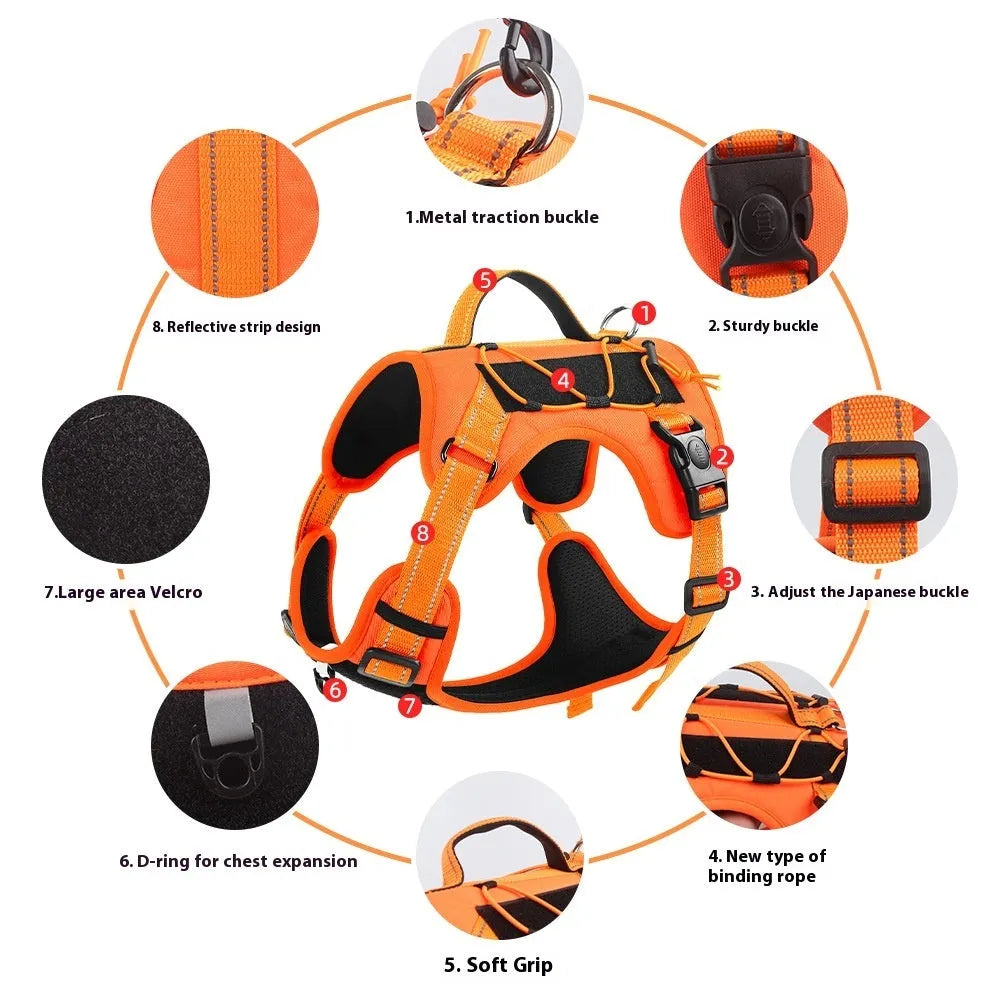 Orange reflective dog harness with an attached black hand-holding rope, shown on a medium-sized dog.