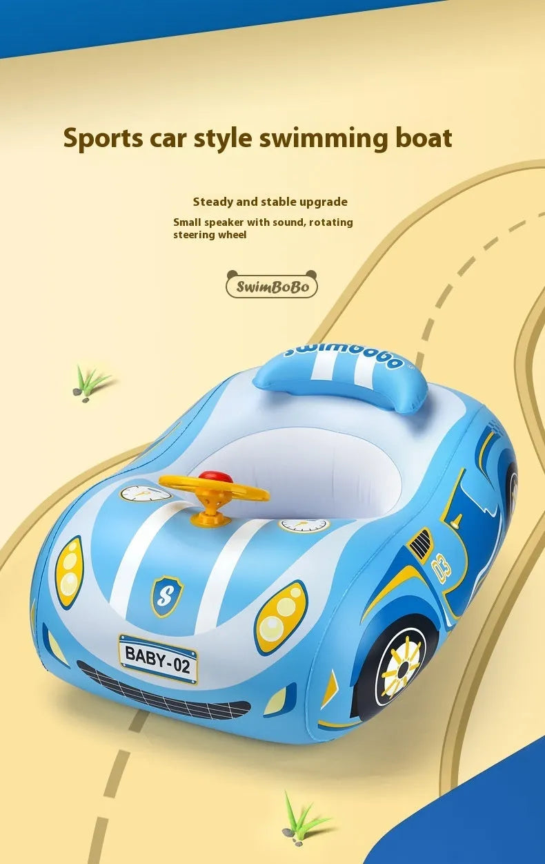 Pink cartoon sports car inflatable swimming ring with steering wheel for children