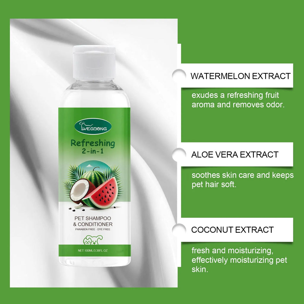 100ml bottle of pet 2-in-1 shampoo and fragrance shower gel with watermelon and coconut extract.