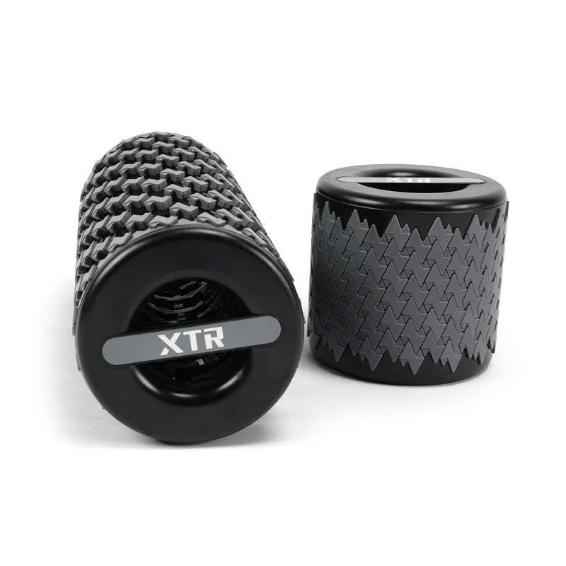 Adjustable telescopic foam roller extended to show length with yoga pillar accessory in choice of colours