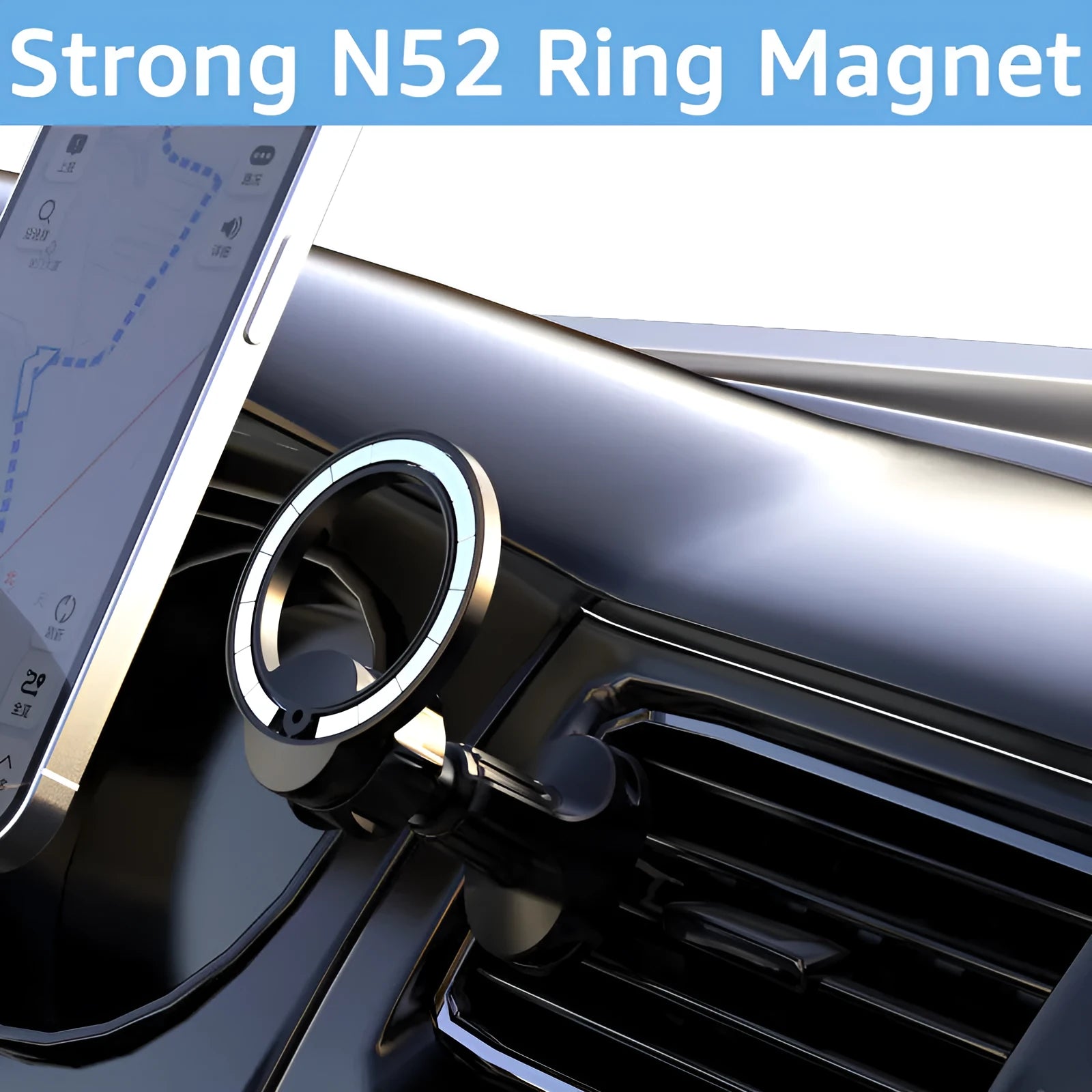 Black magnetic car air vent phone holder with O-ring bracket for mobile phones up to 6.8 inches