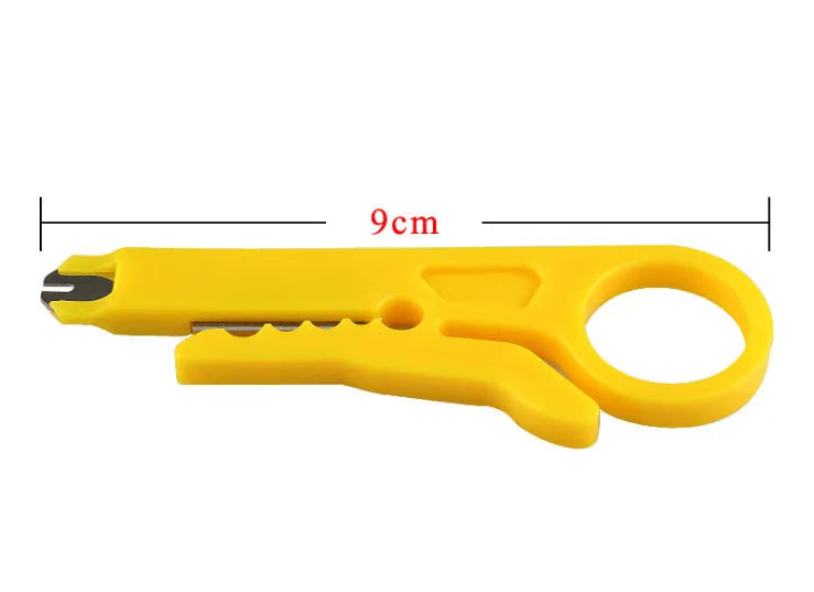 Yellow portable wire stripper tool for 0.6 mm cables with integrated metal cutter.