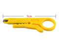 Yellow portable wire stripper tool for 0.6 mm cables with integrated metal cutter.