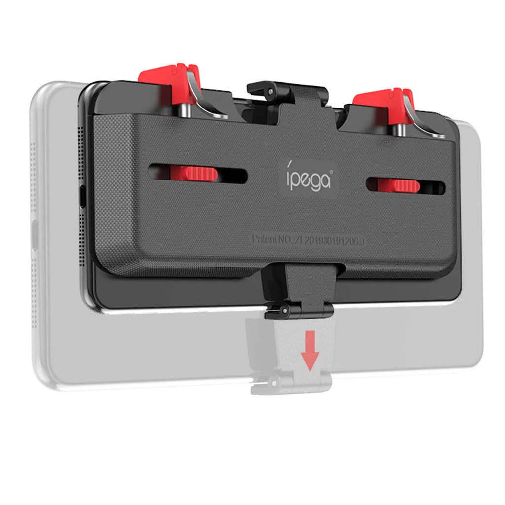 Black mobile gaming phone bracket with ergonomic handle and telescopic phone clip extended.