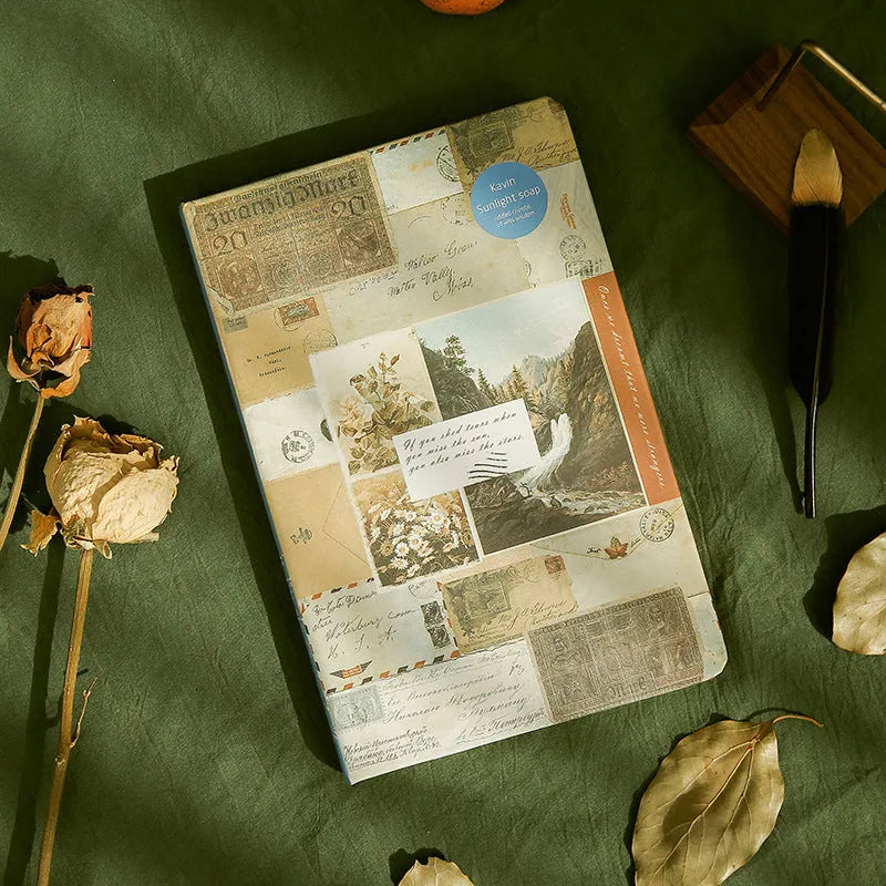 A5 kraft paper mood notebook with retro illustration cover in blue, coffee, or red, showing coloured pages.