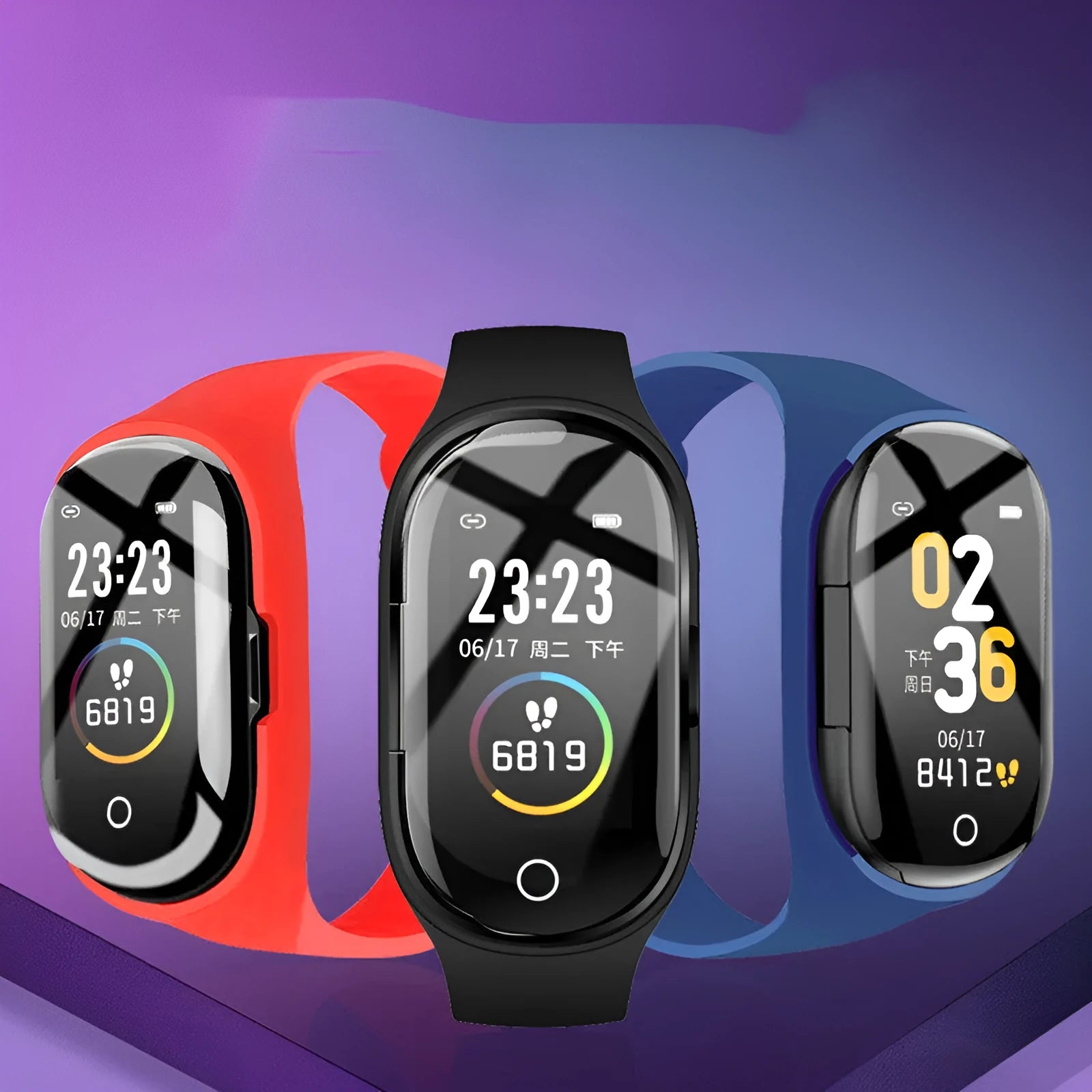 Black silicone smart fitness bracelet with integrated earphones and 1-inch touchscreen display