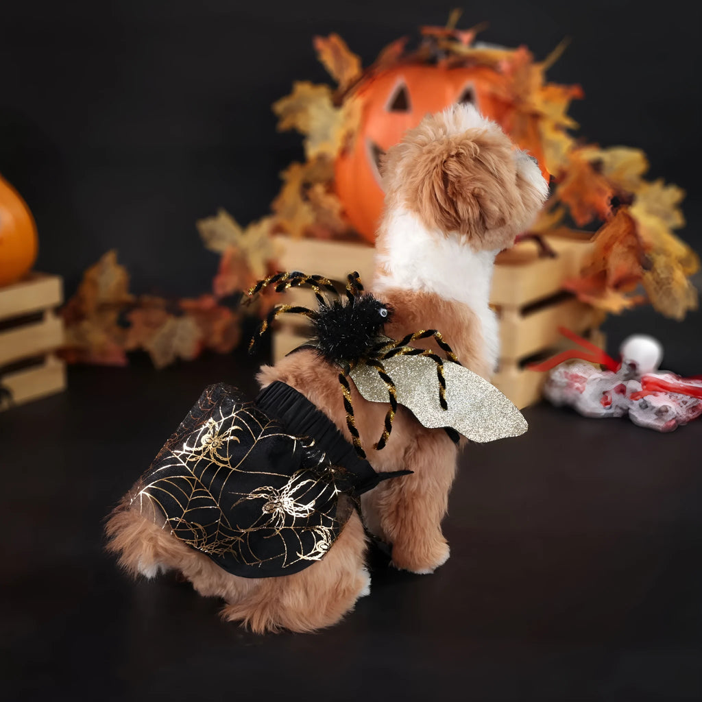 Polyester dog suit costume in classic suit colour, shown in size options S, M, L, XL for Halloween.
