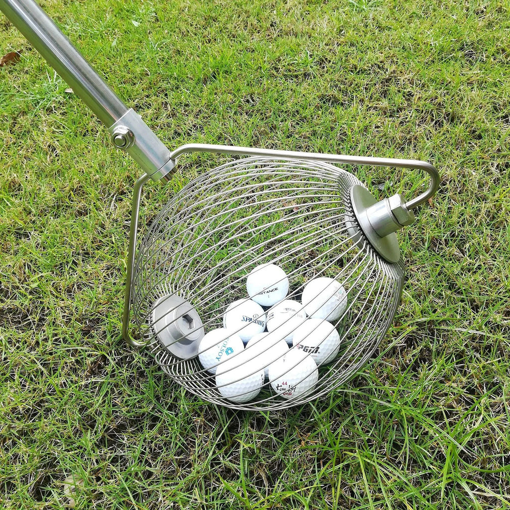 Stainless steel golf ball picker with a metallic finish on a green background.