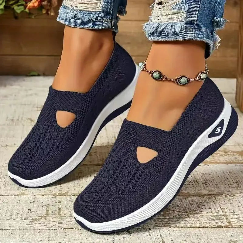 Women's soft sole casual mesh shoes with T-strap in various colours on a white background