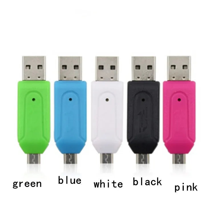 White OTG dual-purpose card reader with micro USB connector for Android phones and computers, supporting SD and TF memory cards.