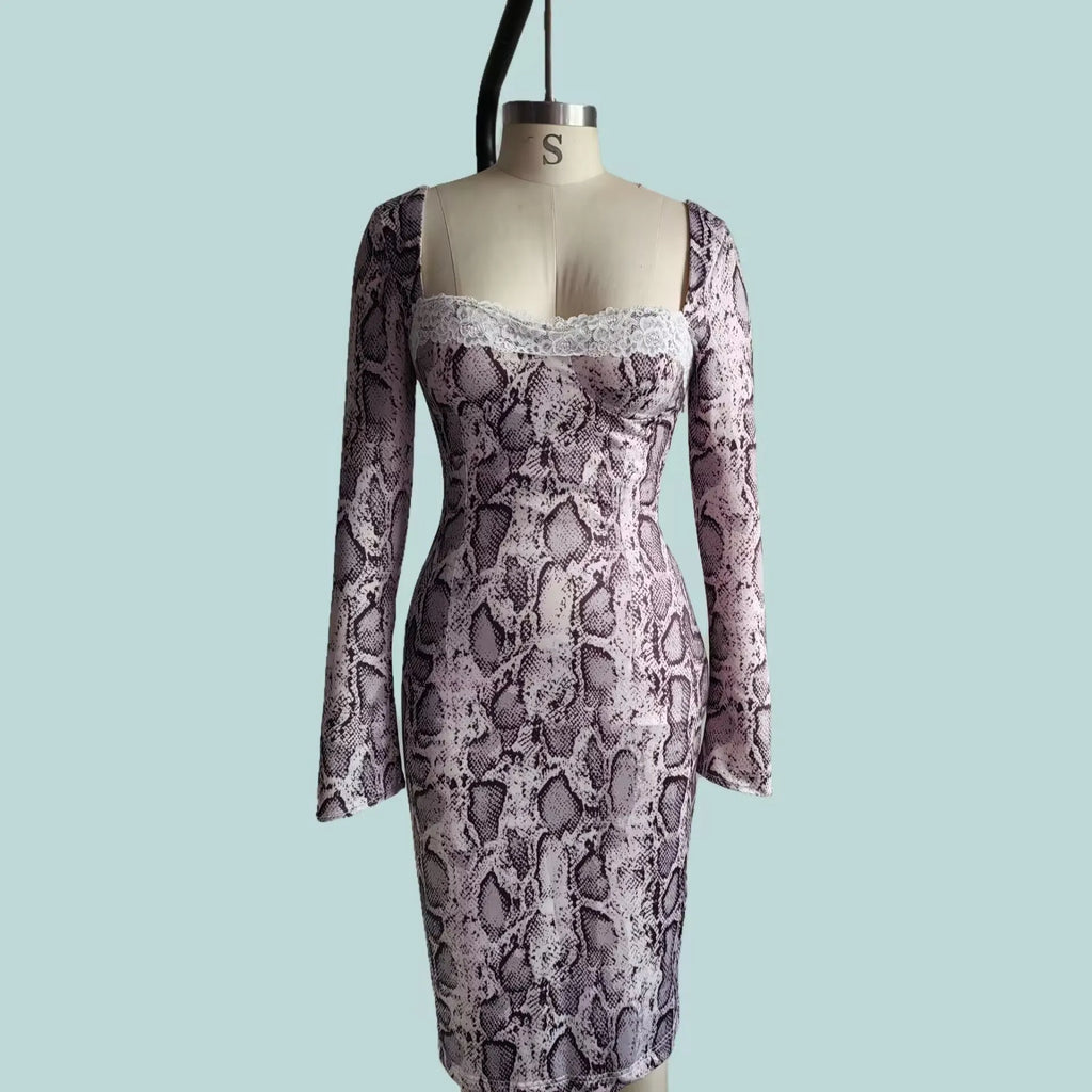 Grey slim-fit A-line lace dress with long sleeves and a digital 3D print pattern.