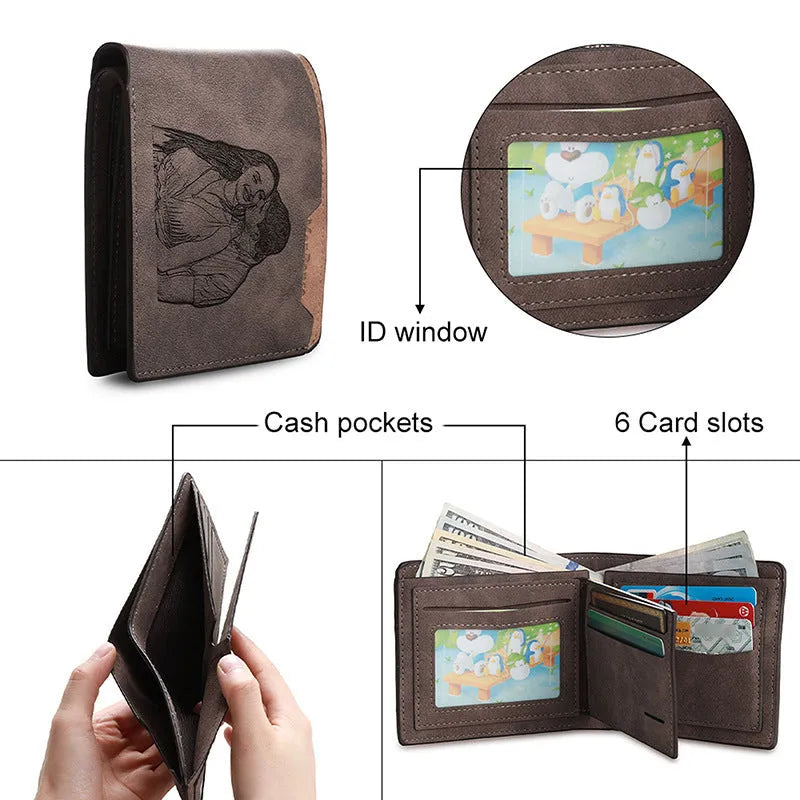 Coffee brown engraved horizontal short wallet with custom photo personalisation showing 120x99x25mm dimensions