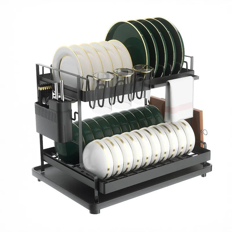 White and black double-layer kitchen storage rack with a removable draining tray.