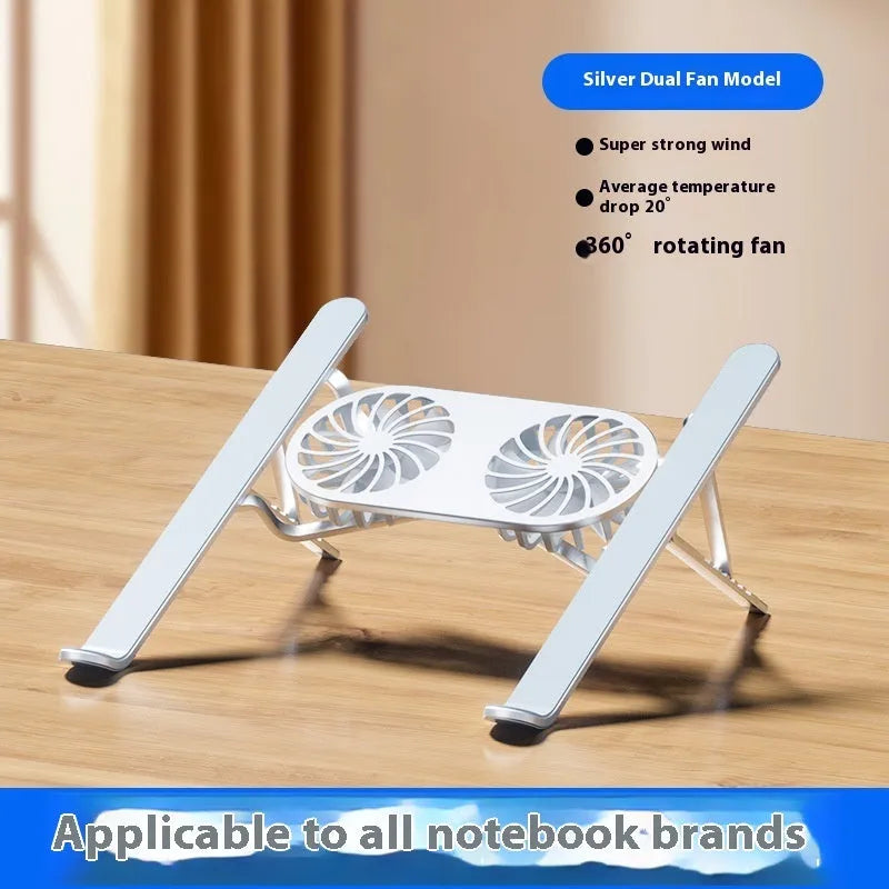 Silver aluminium laptop stand with twin cooling fans in folded position next to cloth storage bag