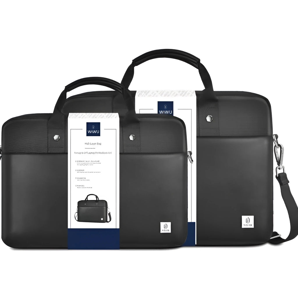 Black Oxford cloth multi-pocket laptop handbag open to show separate organiser layers and laptop compartment.