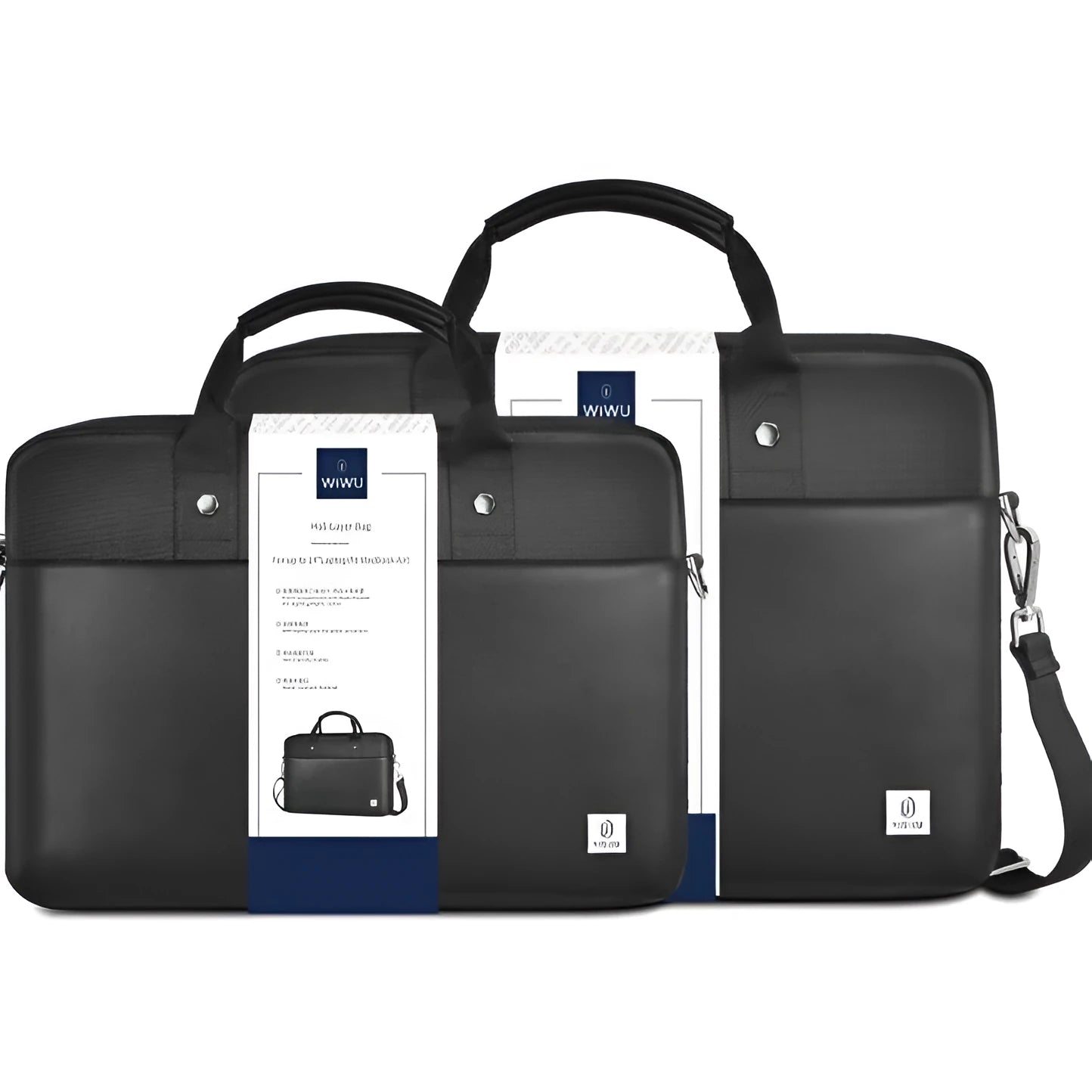 Black Oxford cloth multi-pocket laptop handbag open to show separate organiser layers and laptop compartment.