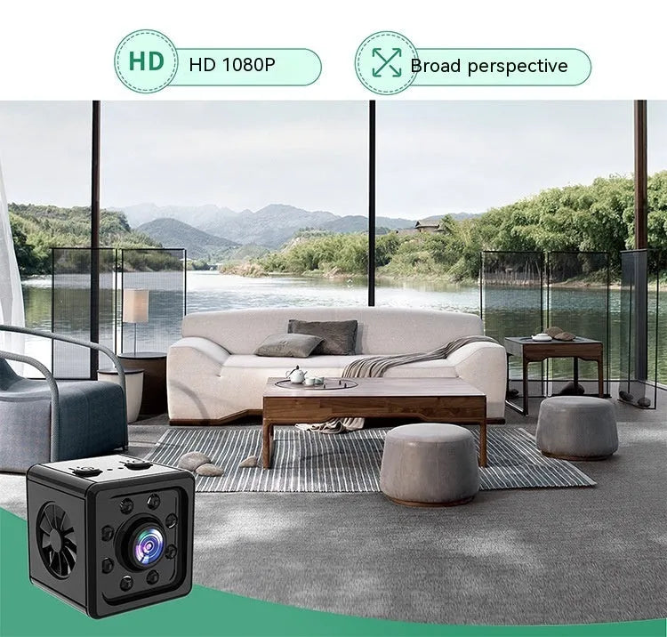 Black cubic K13 HD network sports camera with mounting bracket and data cable.