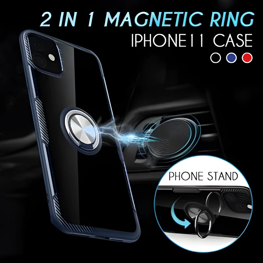 Black PU iPhone case with an integrated swivelling car holder arm attached to the back cover.