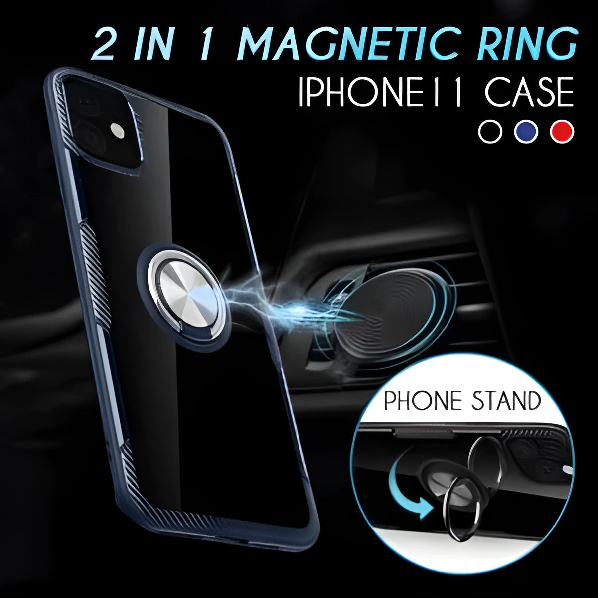 Black PU iPhone case with an integrated swivelling car holder arm attached to the back cover.