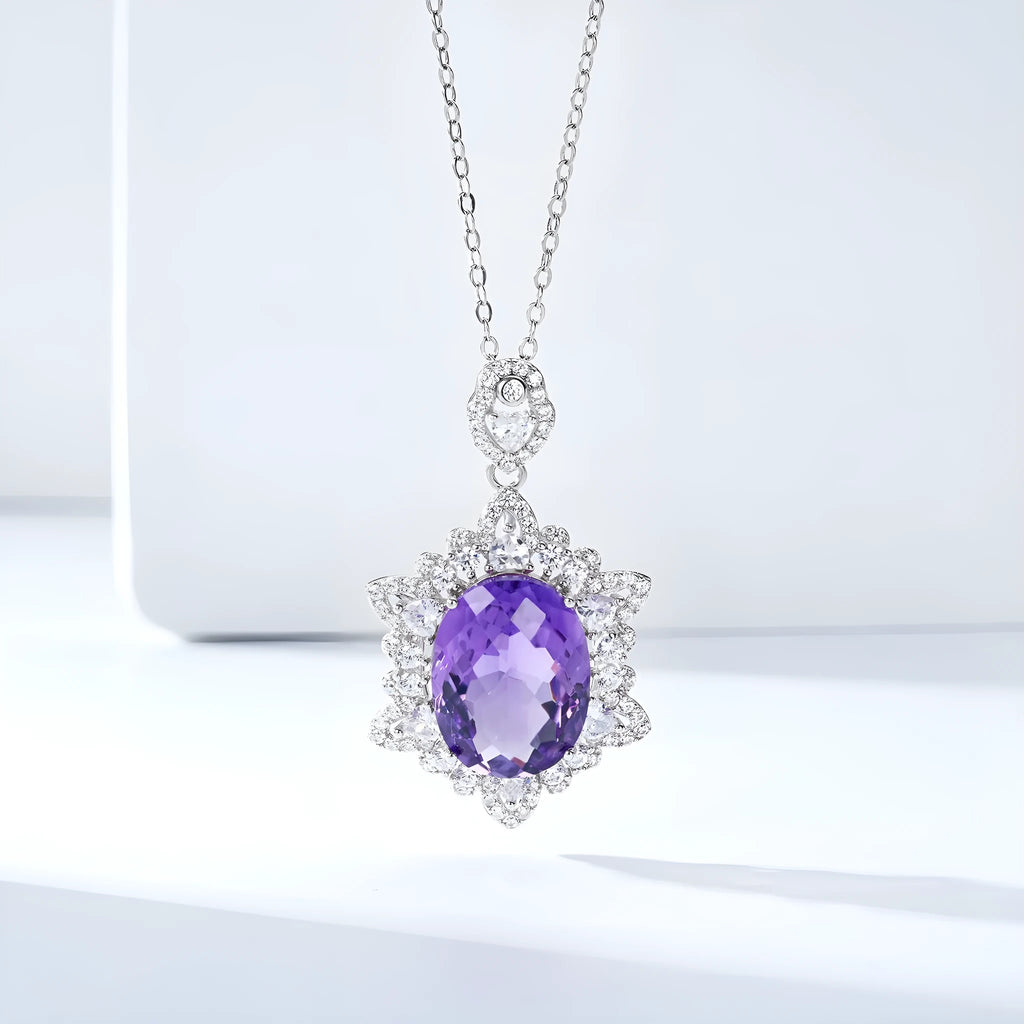 Natural amethyst pendant necklace in 925 silver, geometric design, white gold colour