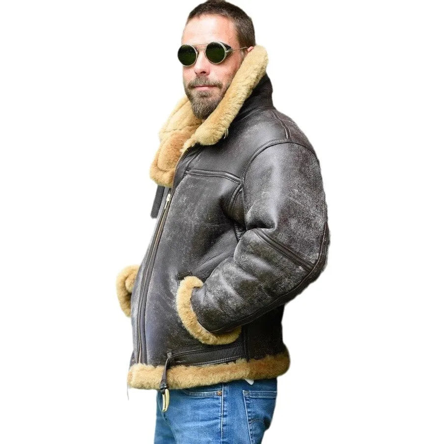 Men's brown retro synthetic leather fur coat with straight hem, worn open.