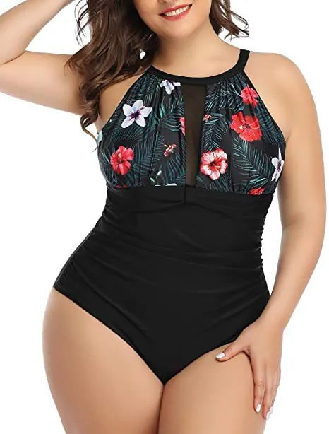 Women's black lace one-piece swimsuit showing front design, with red flower and stripes pattern options available.
