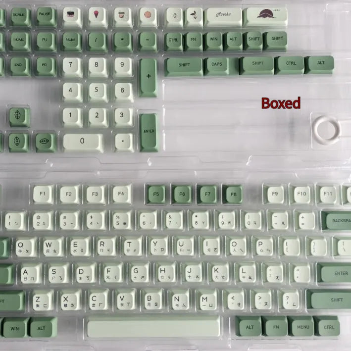 124-key Matcha green PBT keycap set for a mechanical keyboard, showing multiple language layout options.