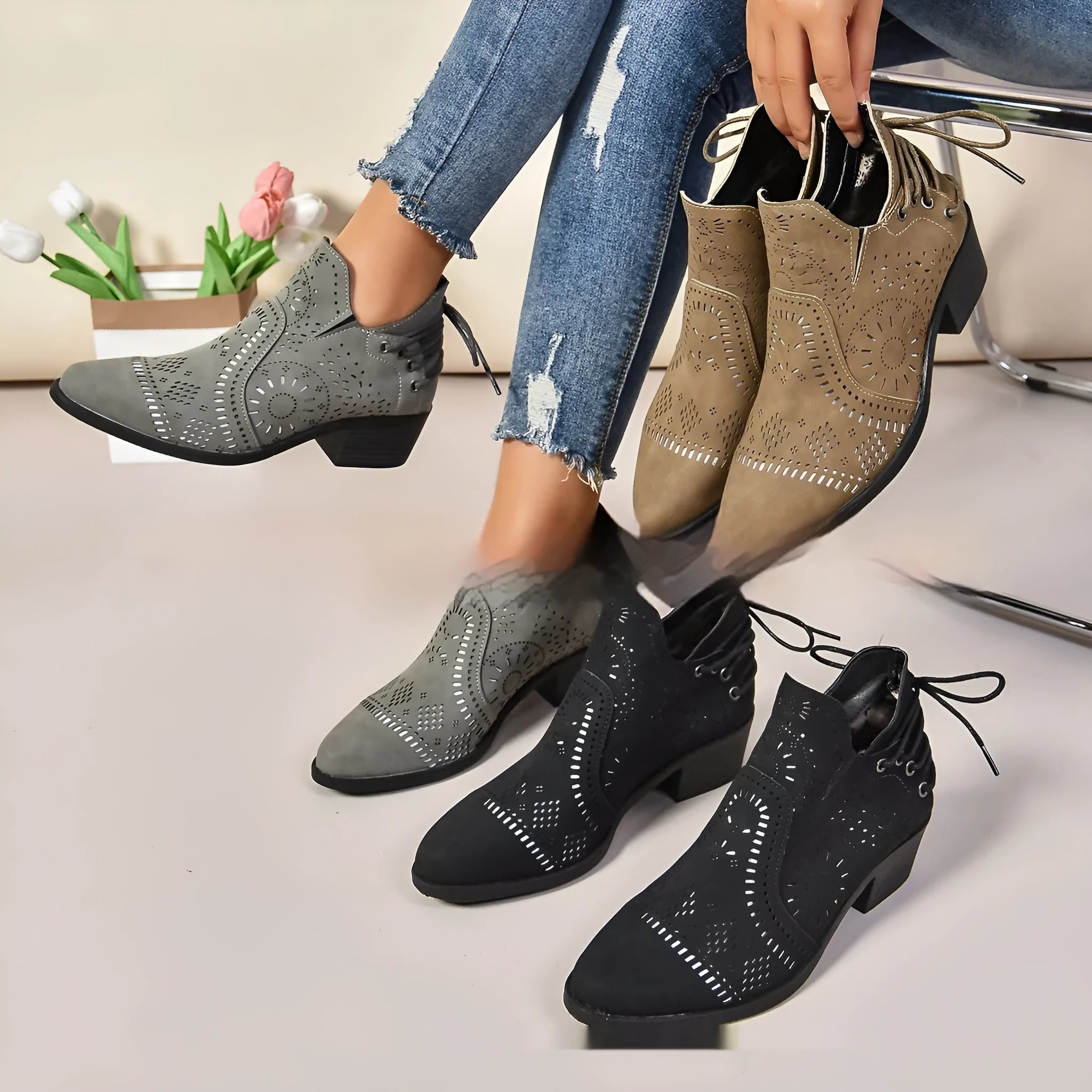Women's plus size mid-calf ankle boot in artificial PU material, shown in black colour.