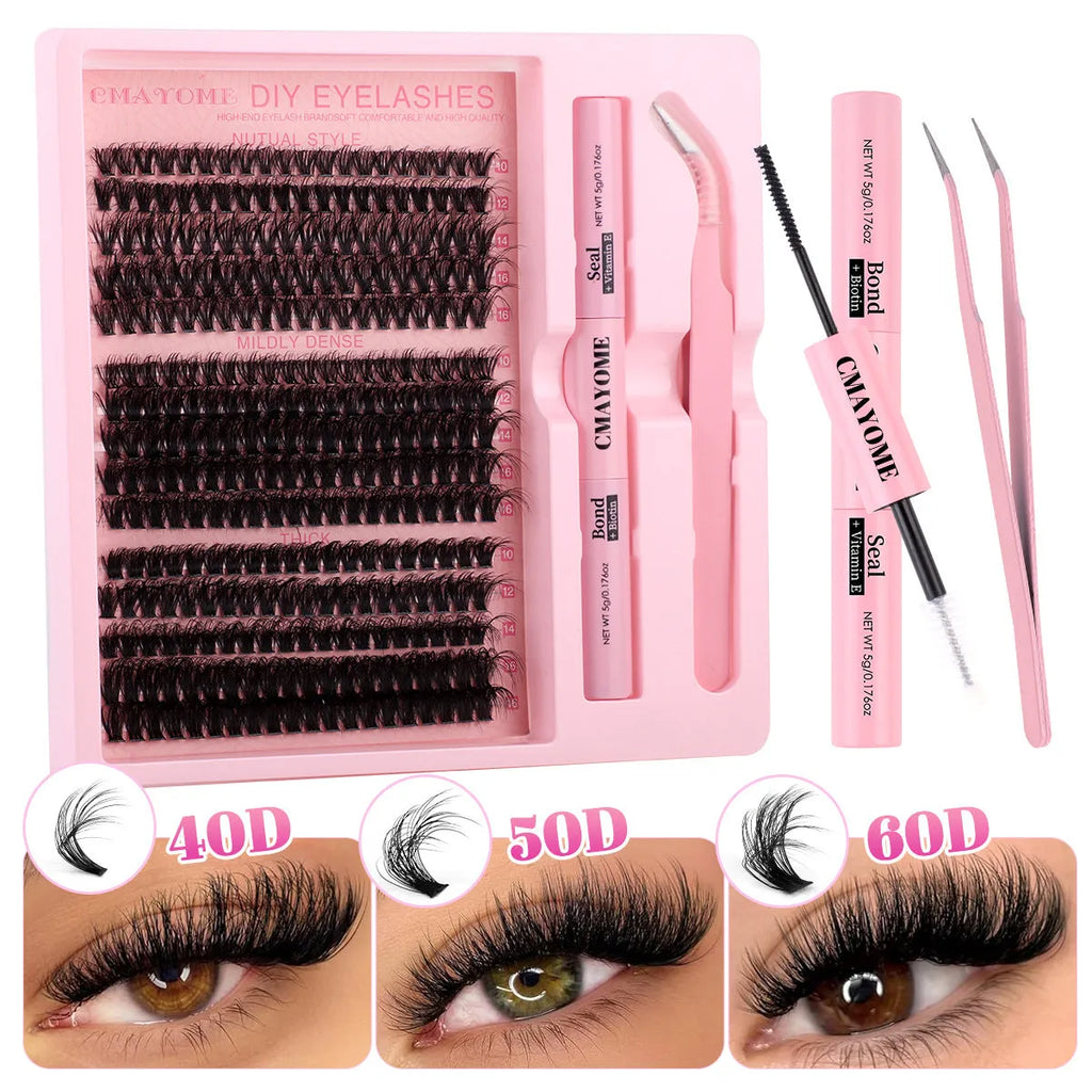 DIY false eyelash extension kit with tweezers and segment cluster lashes