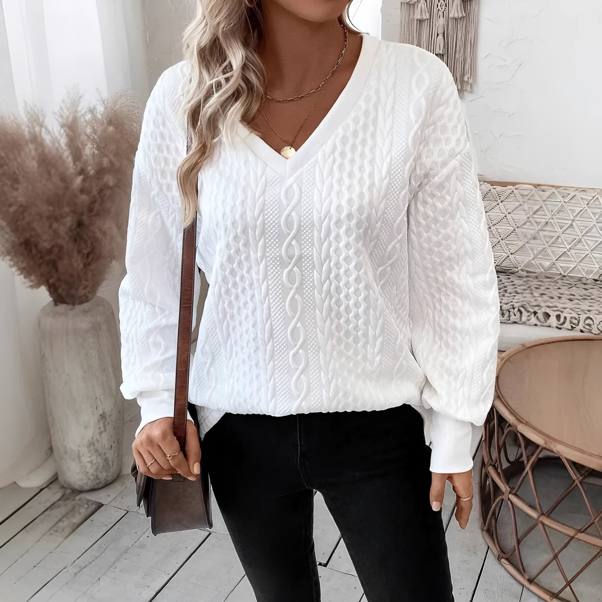 Milky white loose casual long sleeve T-shirt with 3D pattern in Japanese Korean style