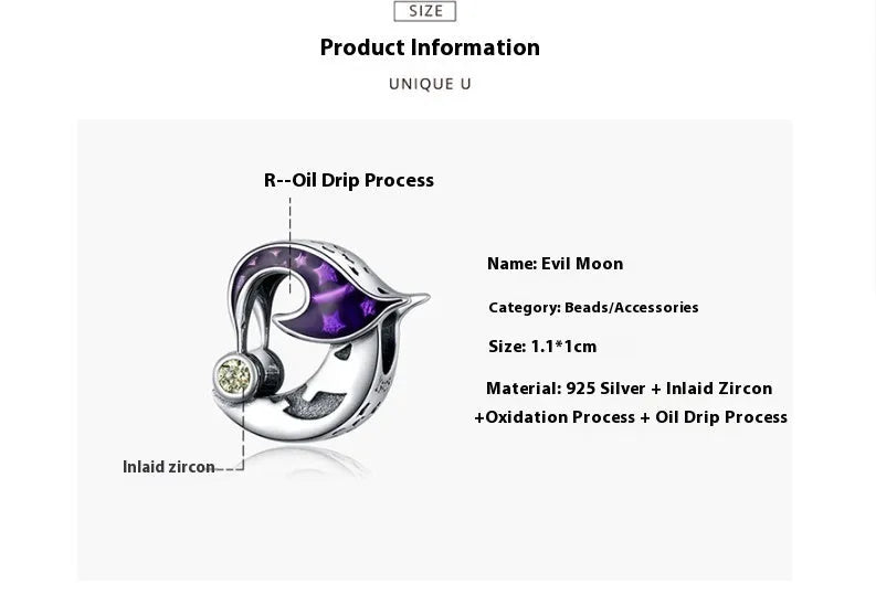925 silver Evil Moon dripping oil scattered bead for Halloween jewellery making, picture colour