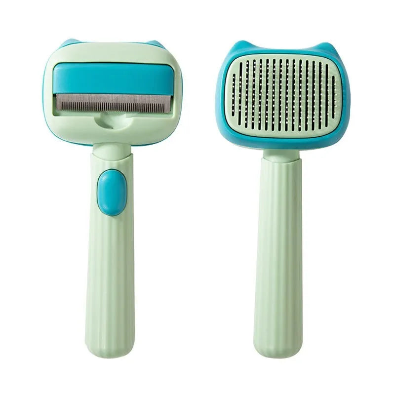 Blue double-sided pet grooming brush showing undercoat rake and dematting comb on a white background.